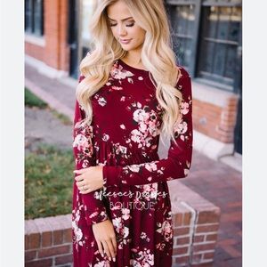 Reborn J Long Sleeve Maxi Dress Burgendy Floral Fall Pattern Stretch Size Large